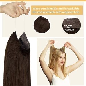 Human hair halo flip in fish wire hair extensions dark brown